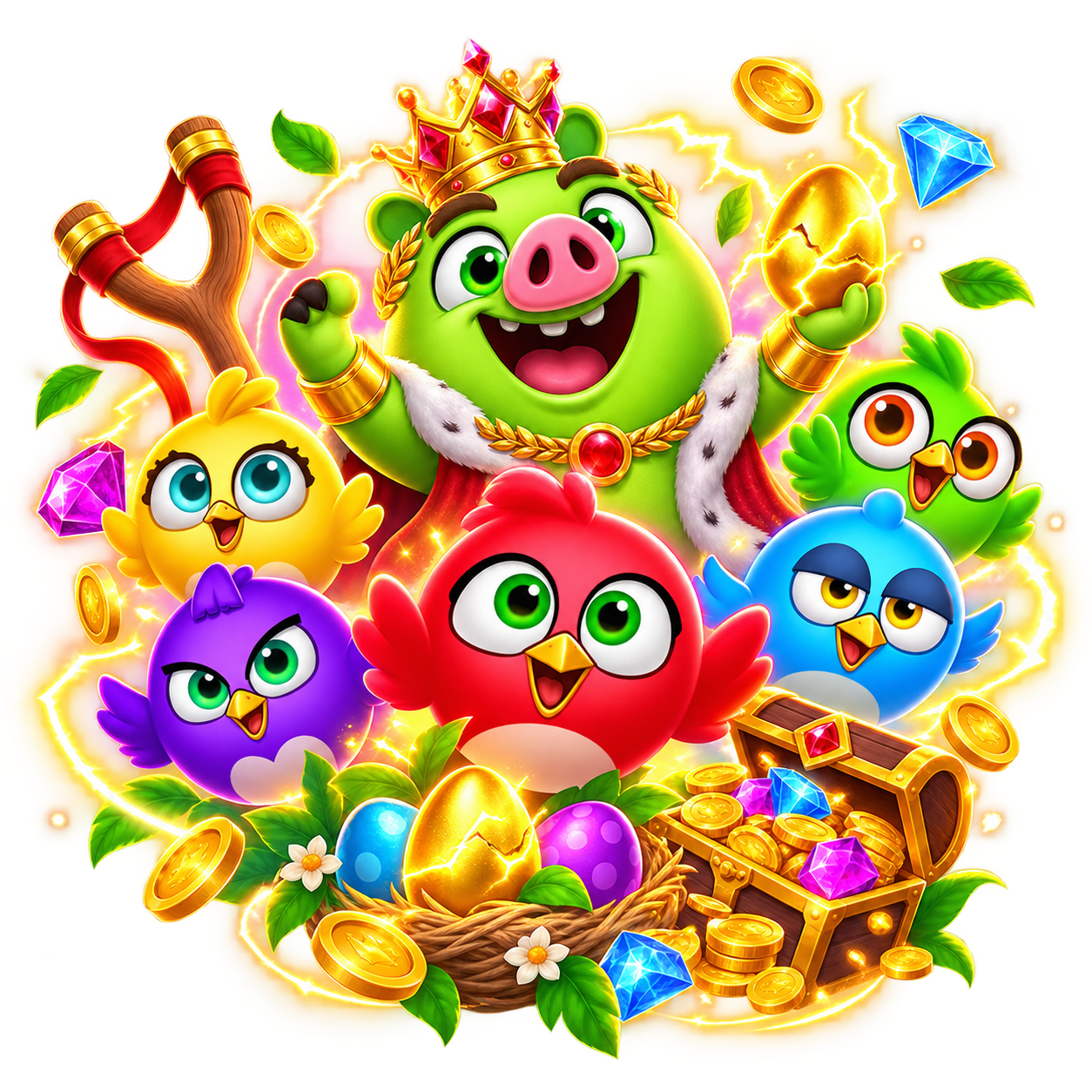 คาแรกเตอร์เกมออนไลน์พร้อมเหรียญรางวัลและหีบสมบัติ